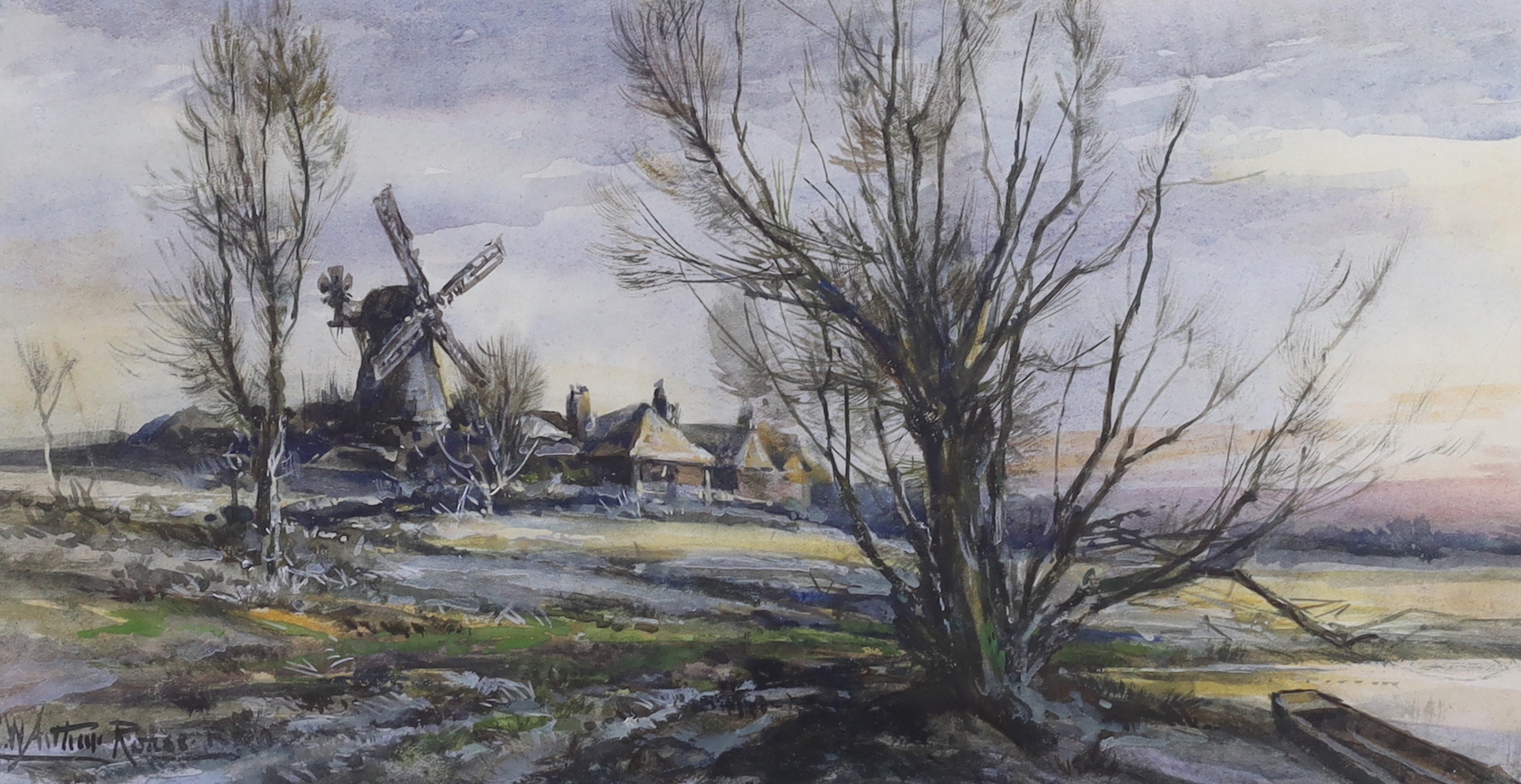 Robert William Arthur Rouse (fl.1882-1929), watercolour, Windmill in a winter landscape, signed, 15 x 28cm